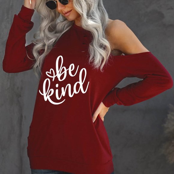 Valentine Be Kind Heart Print Ripped Cold Shoulder Top - Picture 6 of 8